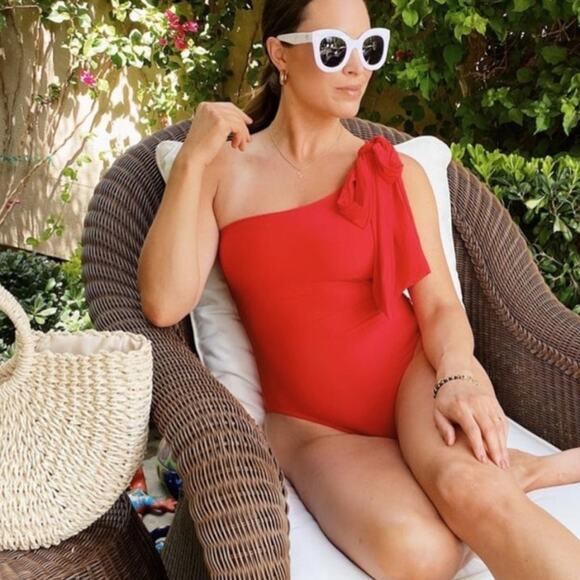 J. Crew Womens One Shoulder Bow Swimsuit Size 20 Red One Piece Padded Preppy - Picture 1 of 14